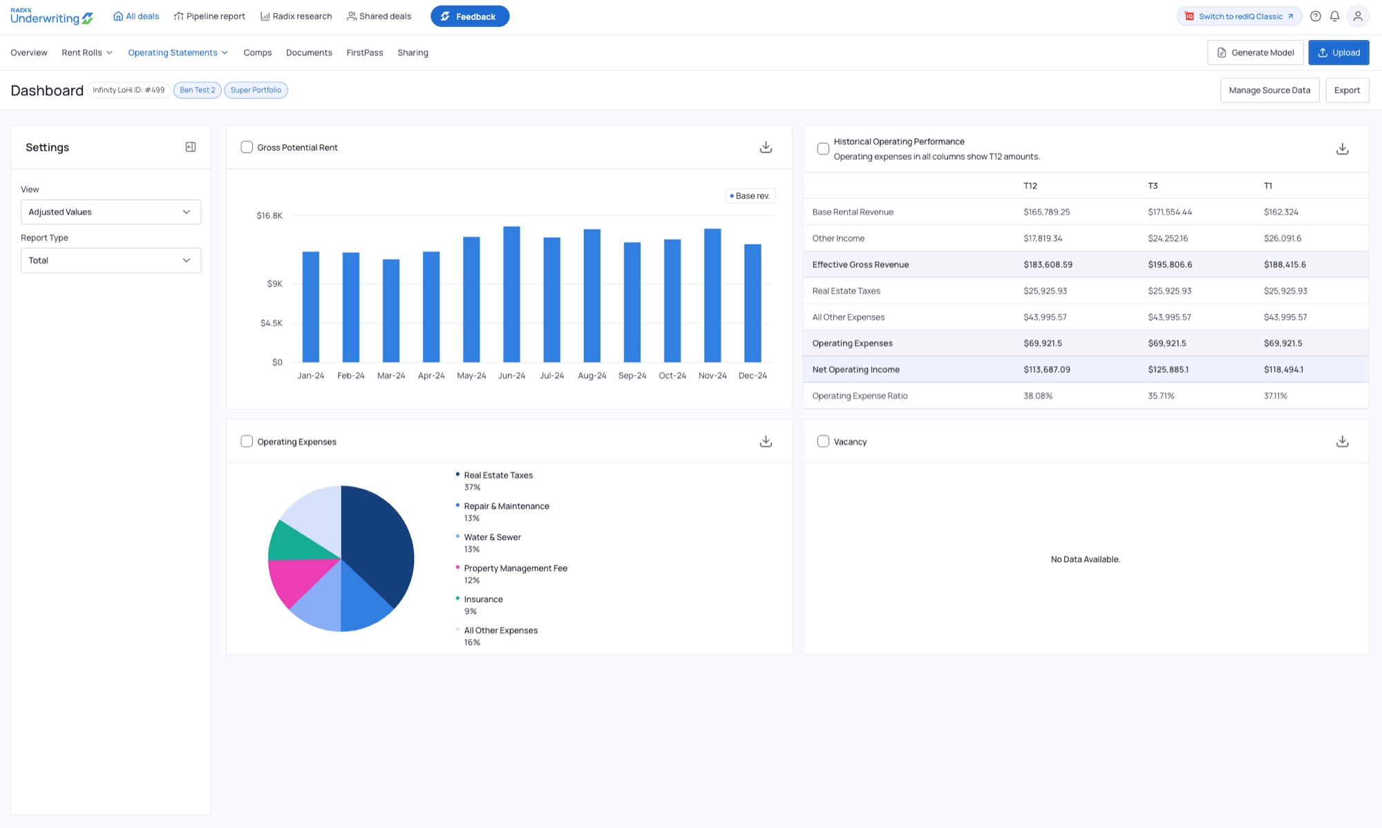 Radix Underwriting operating statement dashboard