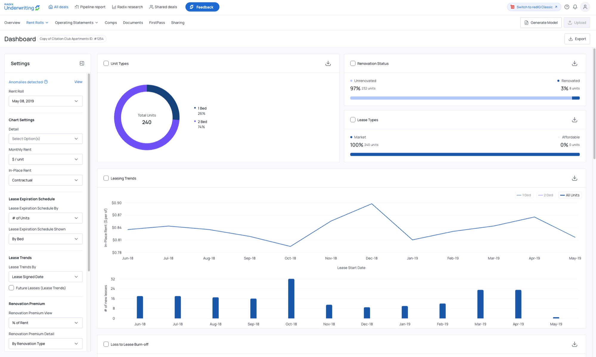 Radix Underwriting rent roll dashboard