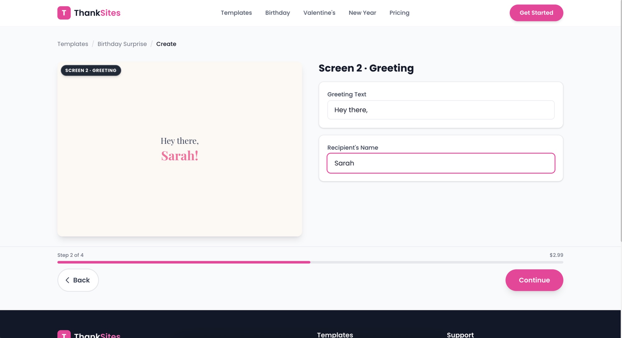 ThankSites editor, greeting screen