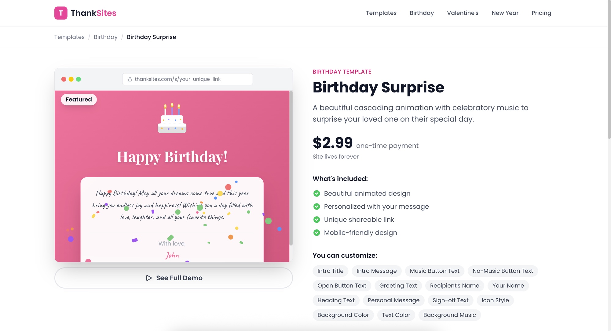 ThankSites Birthday Surprise template page